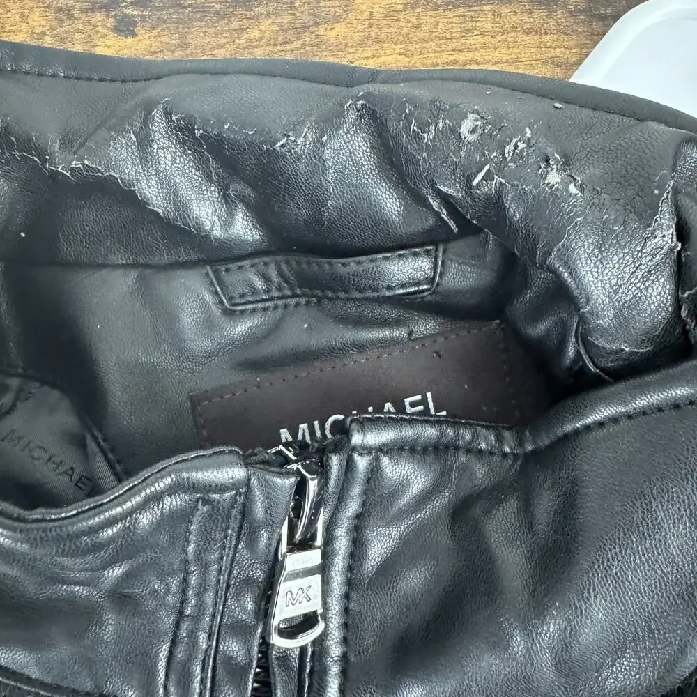Michael Kors Men’s Black Faux Leather Jacket Size L Damage to Neck Area